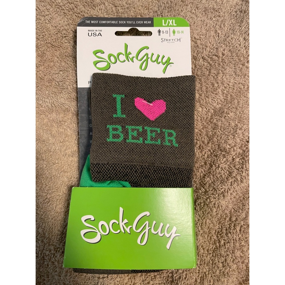SockGuy I Heart Beer Crew Socks Mens L/XL Grey Green Cycling Running Made in USA